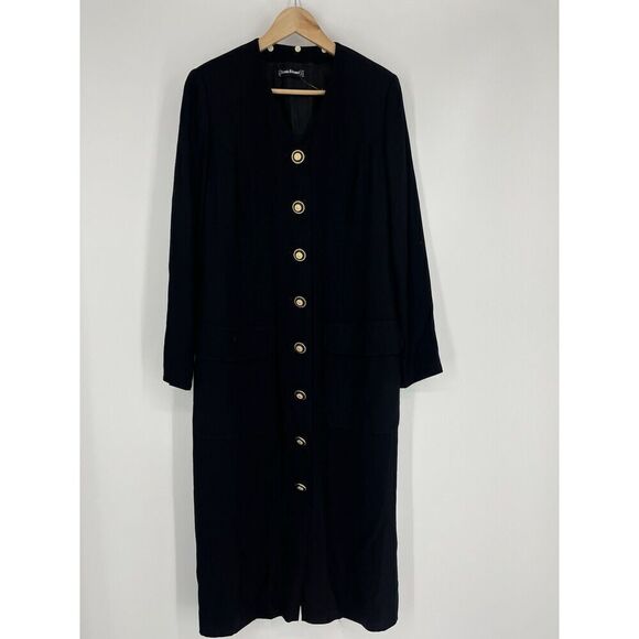 Vintage Louis Feraud Dress Size 12 Black Embossed Button Up Sheath Midi Career - Picture 1 of 8